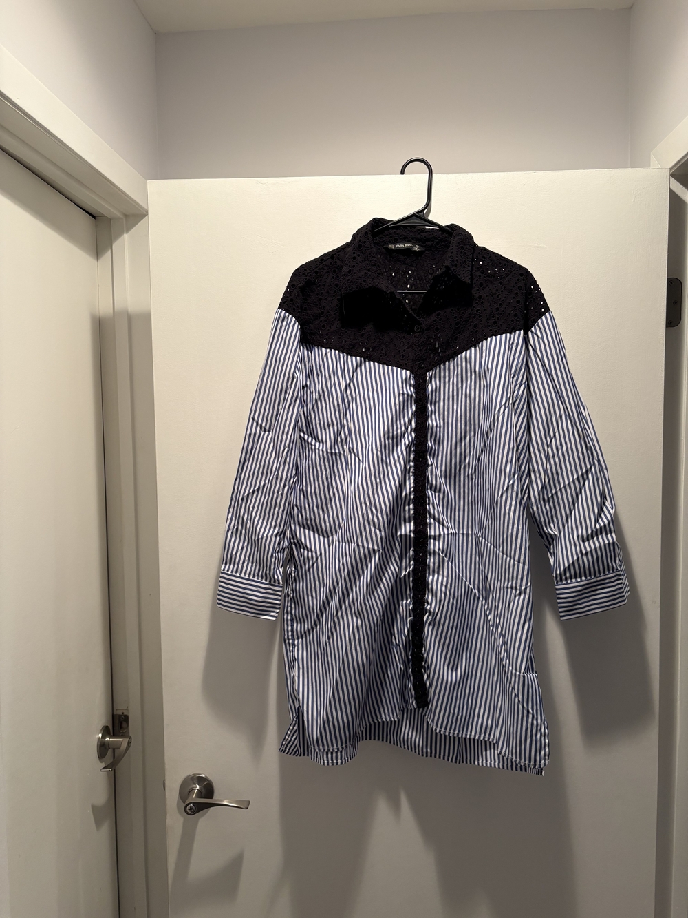 Zara Blue & White Striped Chemise with Black Lace Yoke